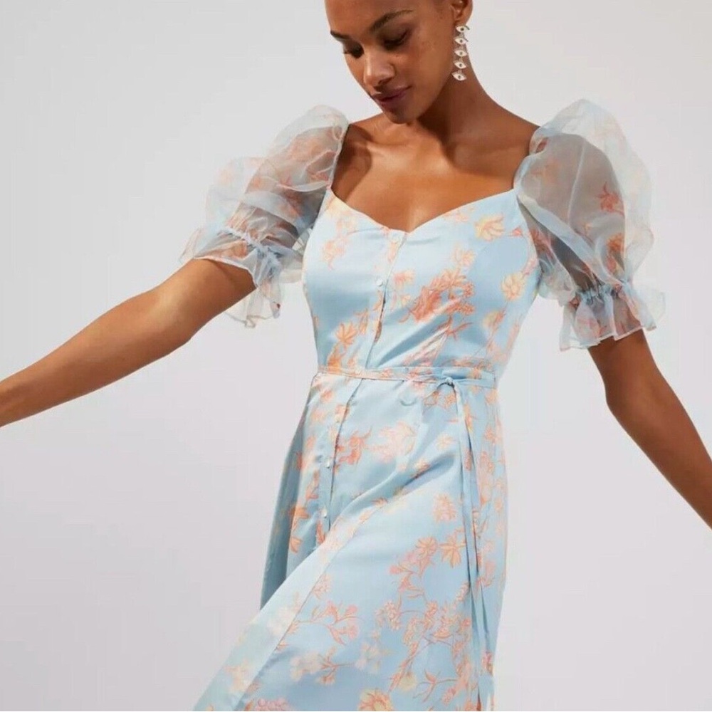 French Connection Floral Blue Dress with Sheer Sleeves